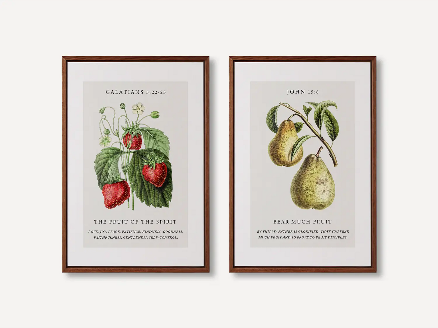 Decorate your home with this beautiful Christian wall art set. This collection of two framed botanical prints features detailed illustrations of fruit, paired with powerful verses on the Fruit of the Spirit and bearing spiritual fruit.