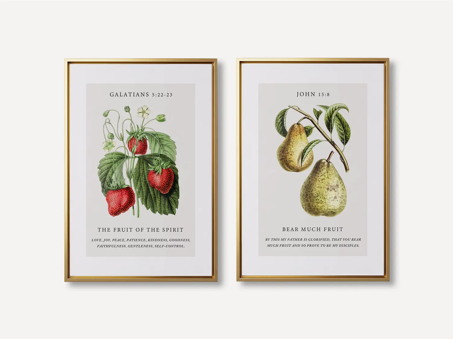 Decorate your home with this beautiful Christian wall art set. This collection of two framed botanical prints features detailed illustrations of fruit, paired with powerful verses on the Fruit of the Spirit and bearing spiritual fruit.