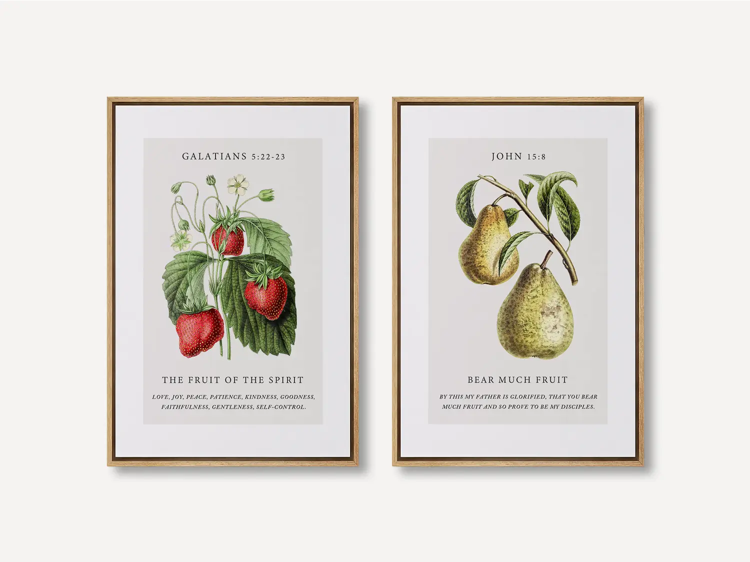 Decorate your home with this beautiful Christian wall art set. This collection of two framed botanical prints features detailed illustrations of fruit, paired with powerful verses on the Fruit of the Spirit and bearing spiritual fruit.