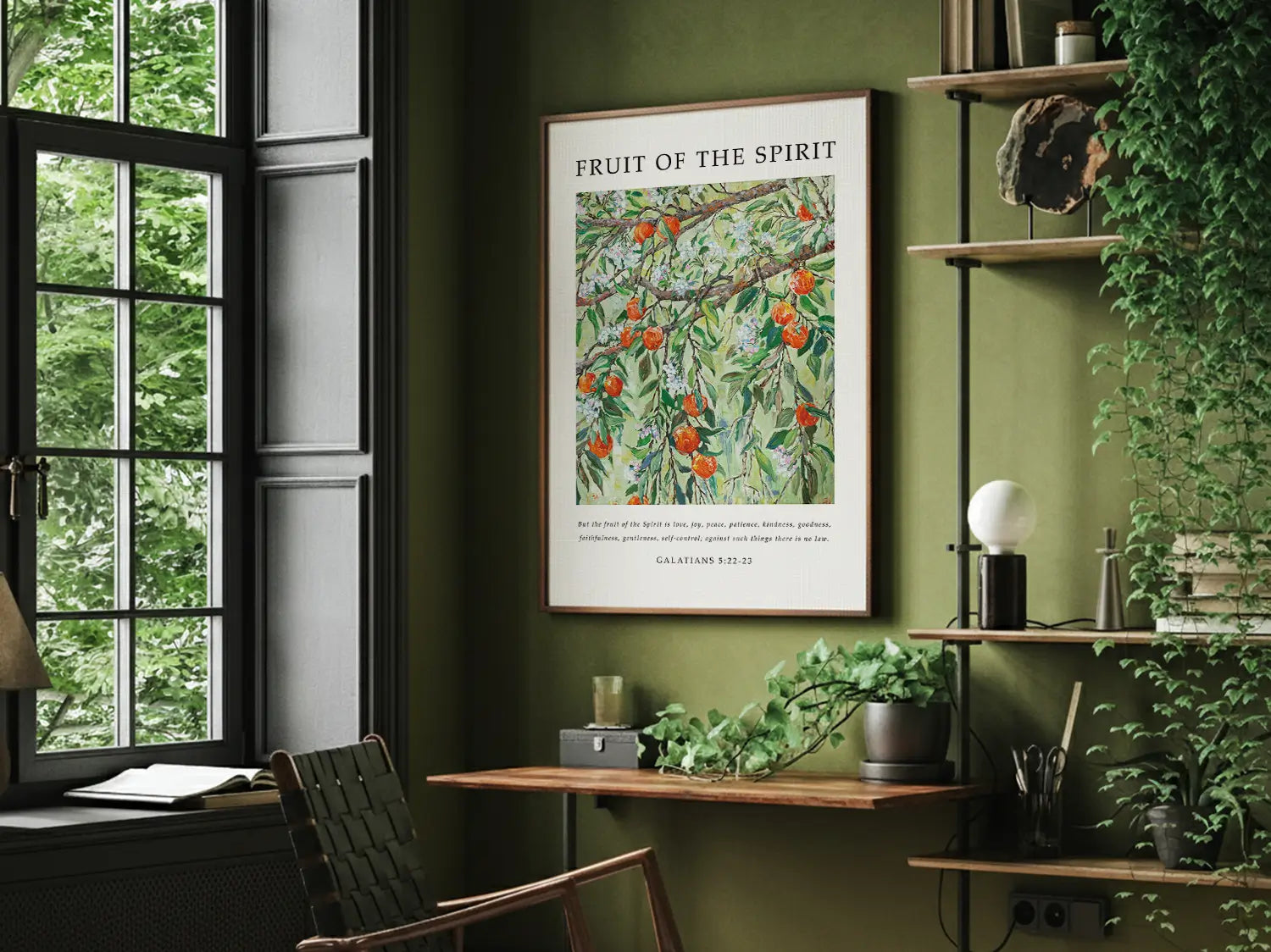 Anchor your home in Christ-like character with this inspiring Christian canvas wall art. This framed canvas print features a beautiful painting of bearing fruit, paired with the complete list of the Fruit of the Spirit from Galatians 5:22-23.