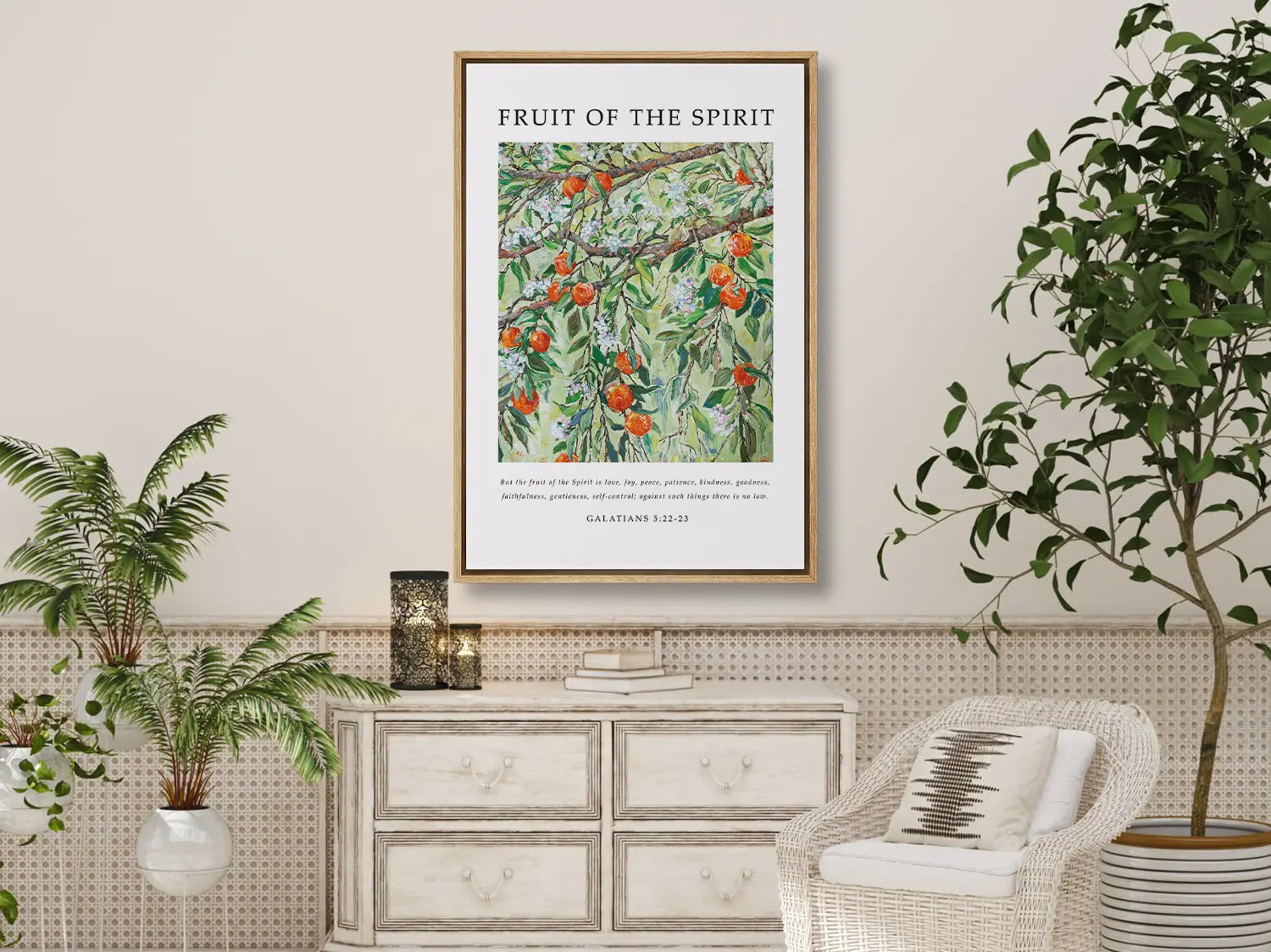 Anchor your home in Christ-like character with this inspiring Christian canvas wall art. This framed canvas print features a beautiful painting of bearing fruit, paired with the complete list of the Fruit of the Spirit from Galatians 5:22-23.