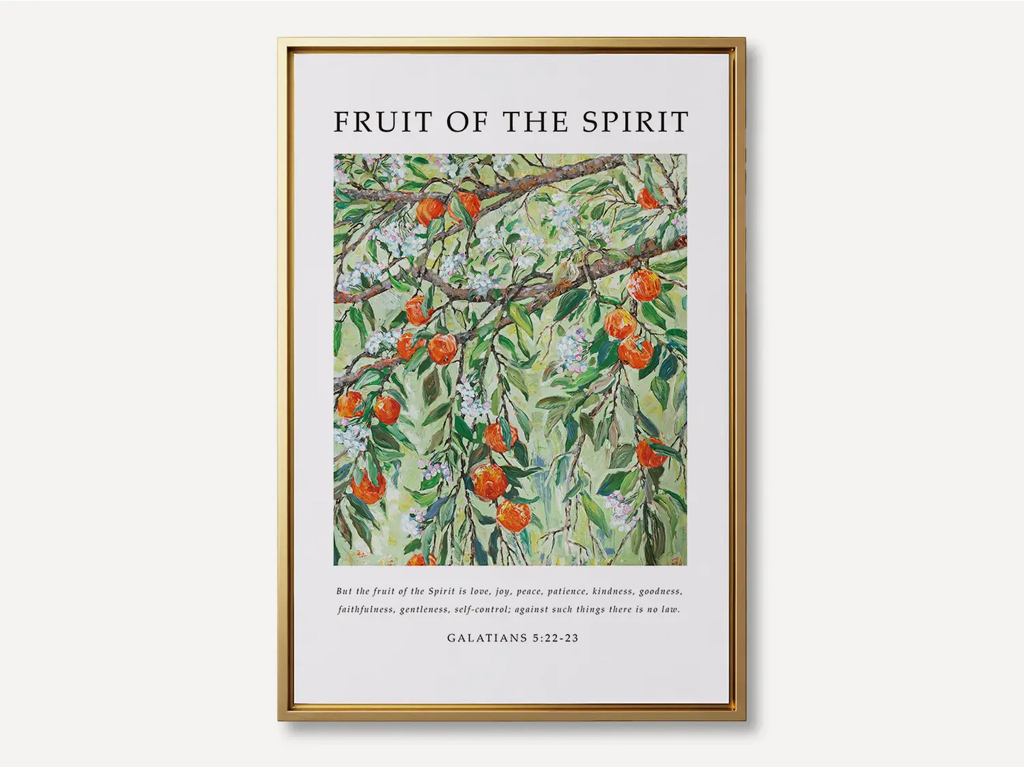 Anchor your home in Christ-like character with this inspiring Christian canvas wall art. This framed canvas print features a beautiful painting of bearing fruit, paired with the complete list of the Fruit of the Spirit from Galatians 5:22-23.