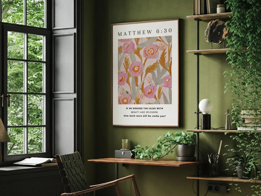 Invite the gentle assurance of God's provision into your home with this inspiring Christian canvas wall art. This framed canvas print features a vibrant, stylized floral design paired with the profound question from Matthew 6:30 that promises Divine care.