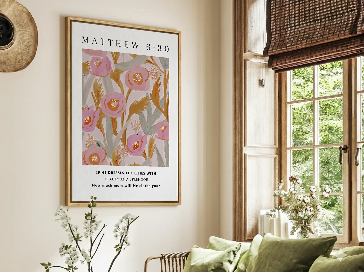 Invite the gentle assurance of God's provision into your home with this inspiring Christian canvas wall art. This framed canvas print features a vibrant, stylized floral design paired with the profound question from Matthew 6:30 that promises Divine care.