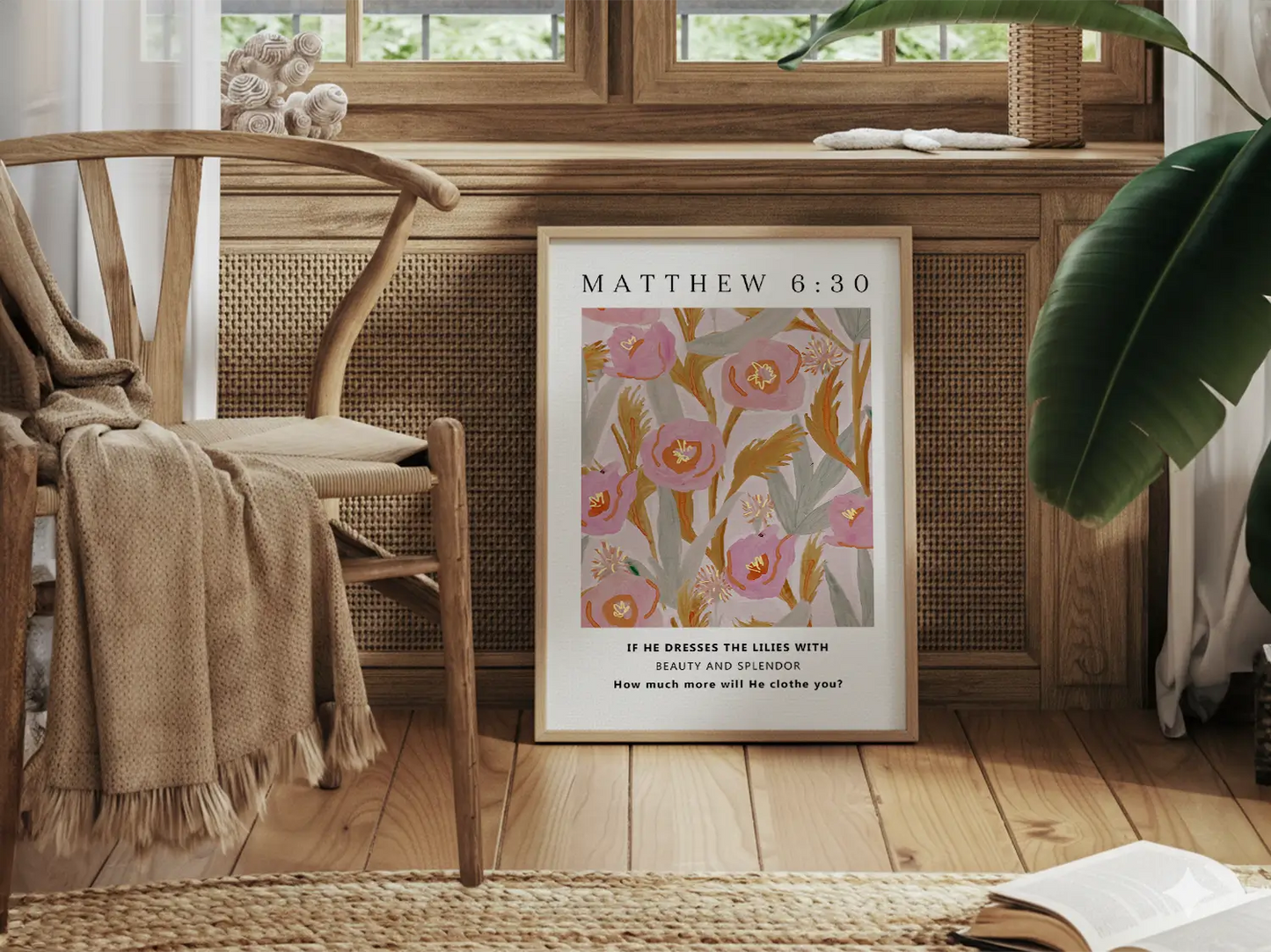Invite the gentle assurance of God's provision into your home with this inspiring Christian canvas wall art. This framed canvas print features a vibrant, stylized floral design paired with the profound question from Matthew 6:30 that promises Divine care.