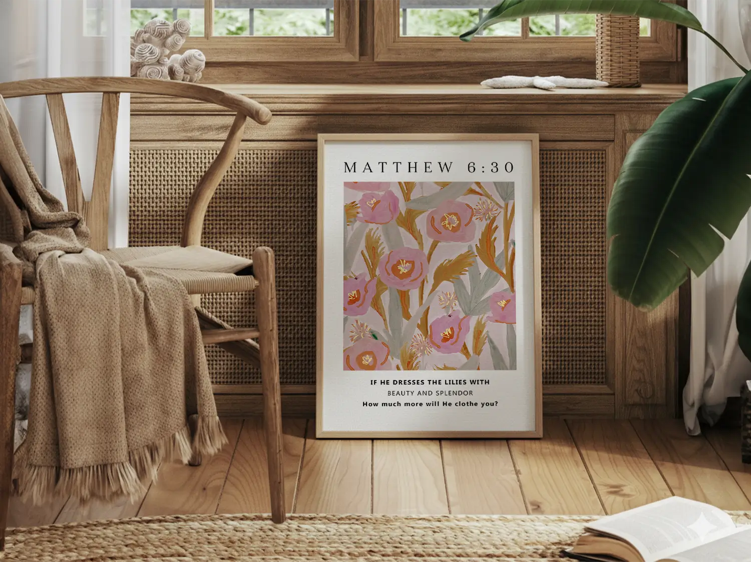 Invite the gentle assurance of God's provision into your home with this inspiring Christian canvas wall art. This framed canvas print features a vibrant, stylized floral design paired with the profound question from Matthew 6:30 that promises Divine care.