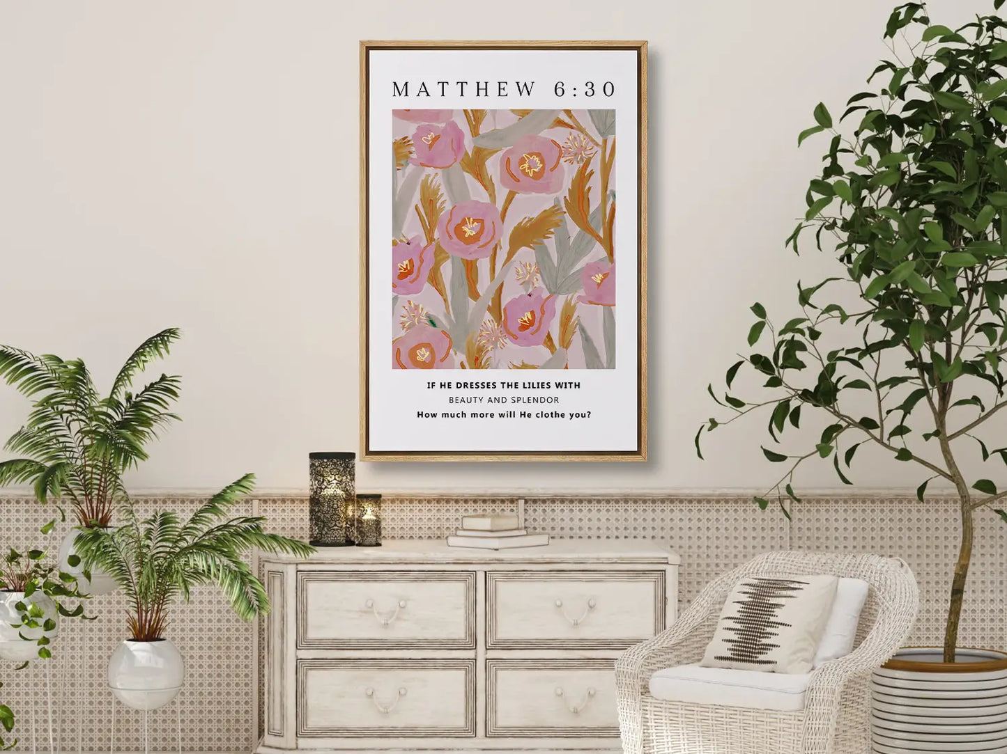 Invite the gentle assurance of God's provision into your home with this inspiring Christian canvas wall art. This framed canvas print features a vibrant, stylized floral design paired with the profound question from Matthew 6:30 that promises Divine care.
