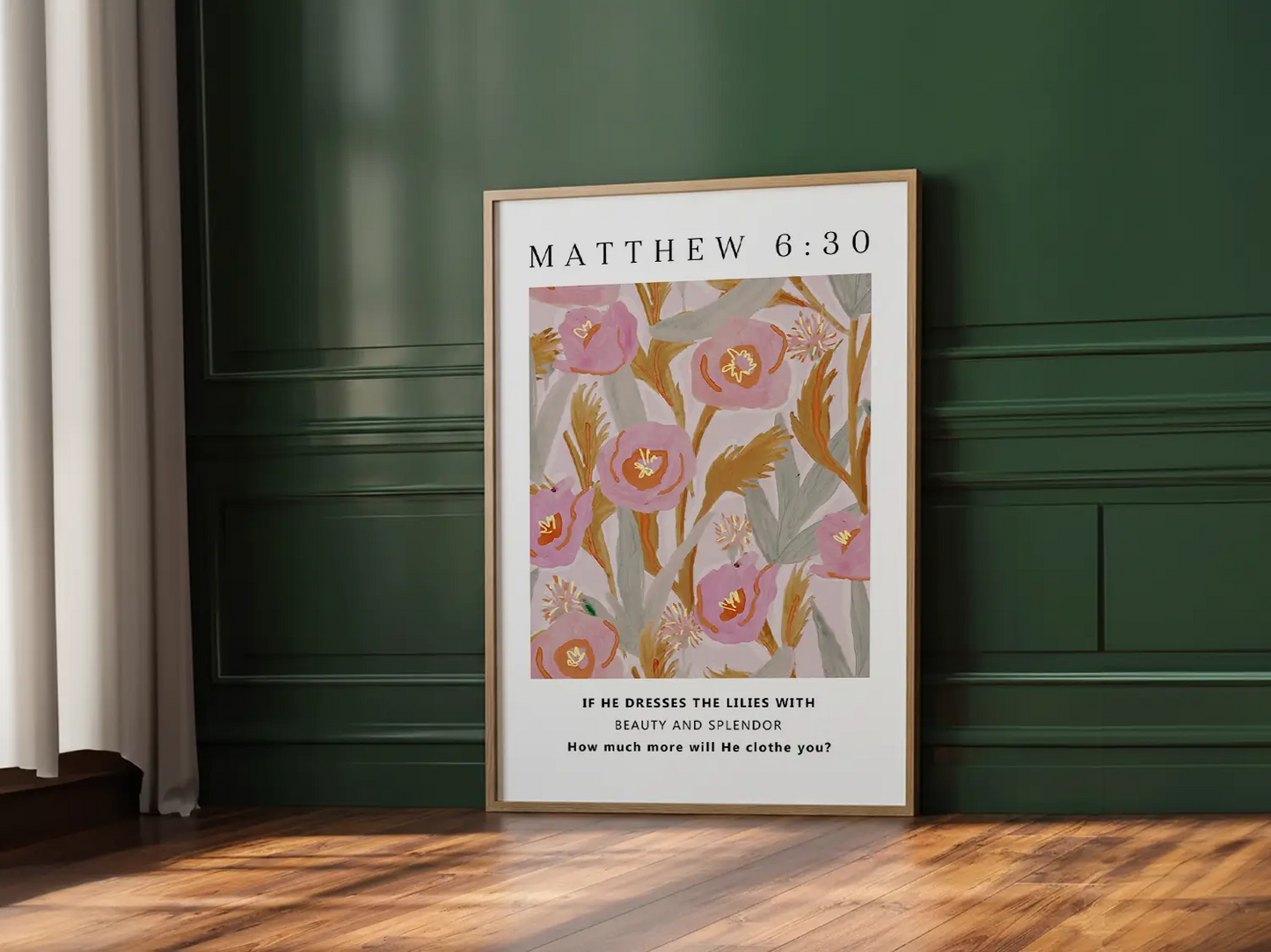 Invite the gentle assurance of God's provision into your home with this inspiring Christian canvas wall art. This framed canvas print features a vibrant, stylized floral design paired with the profound question from Matthew 6:30 that promises Divine care.