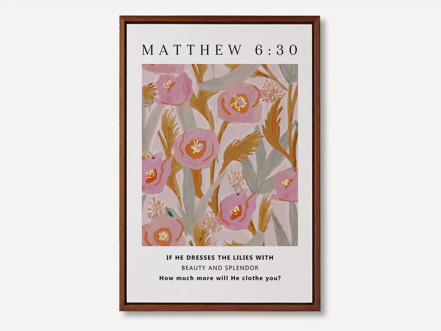 Invite the gentle assurance of God's provision into your home with this inspiring Christian canvas wall art. This framed canvas print features a vibrant, stylized floral design paired with the profound question from Matthew 6:30 that promises Divine care.