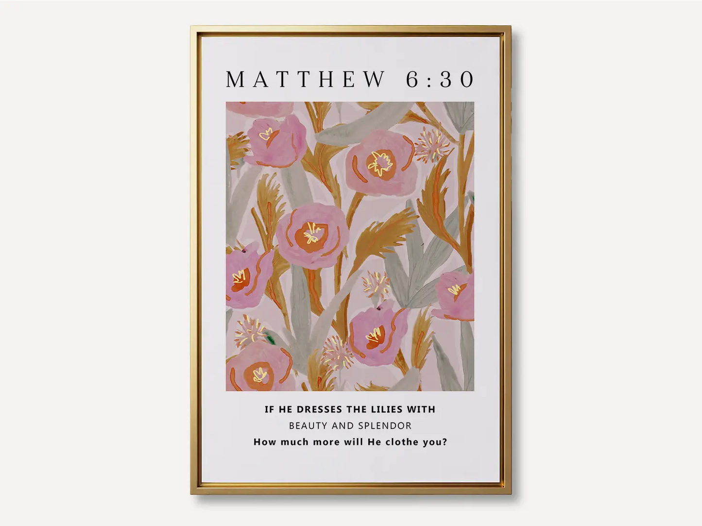 Invite the gentle assurance of God's provision into your home with this inspiring Christian canvas wall art. This framed canvas print features a vibrant, stylized floral design paired with the profound question from Matthew 6:30 that promises Divine care.