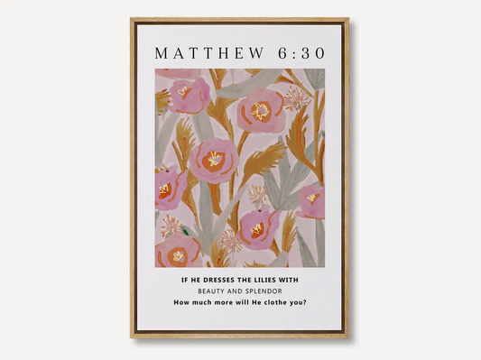 Invite the gentle assurance of God's provision into your home with this inspiring Christian canvas wall art. This framed canvas print features a vibrant, stylized floral design paired with the profound question from Matthew 6:30 that promises Divine care.