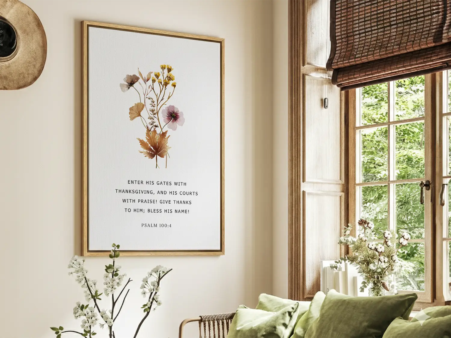 Cultivate a spirit of joyful gratitude with this inspiring Christian canvas wall art. This framed canvas print features a delicate, pressed floral design paired with the iconic command from Psalm 100:4 to enter God's presence with thanksgiving.