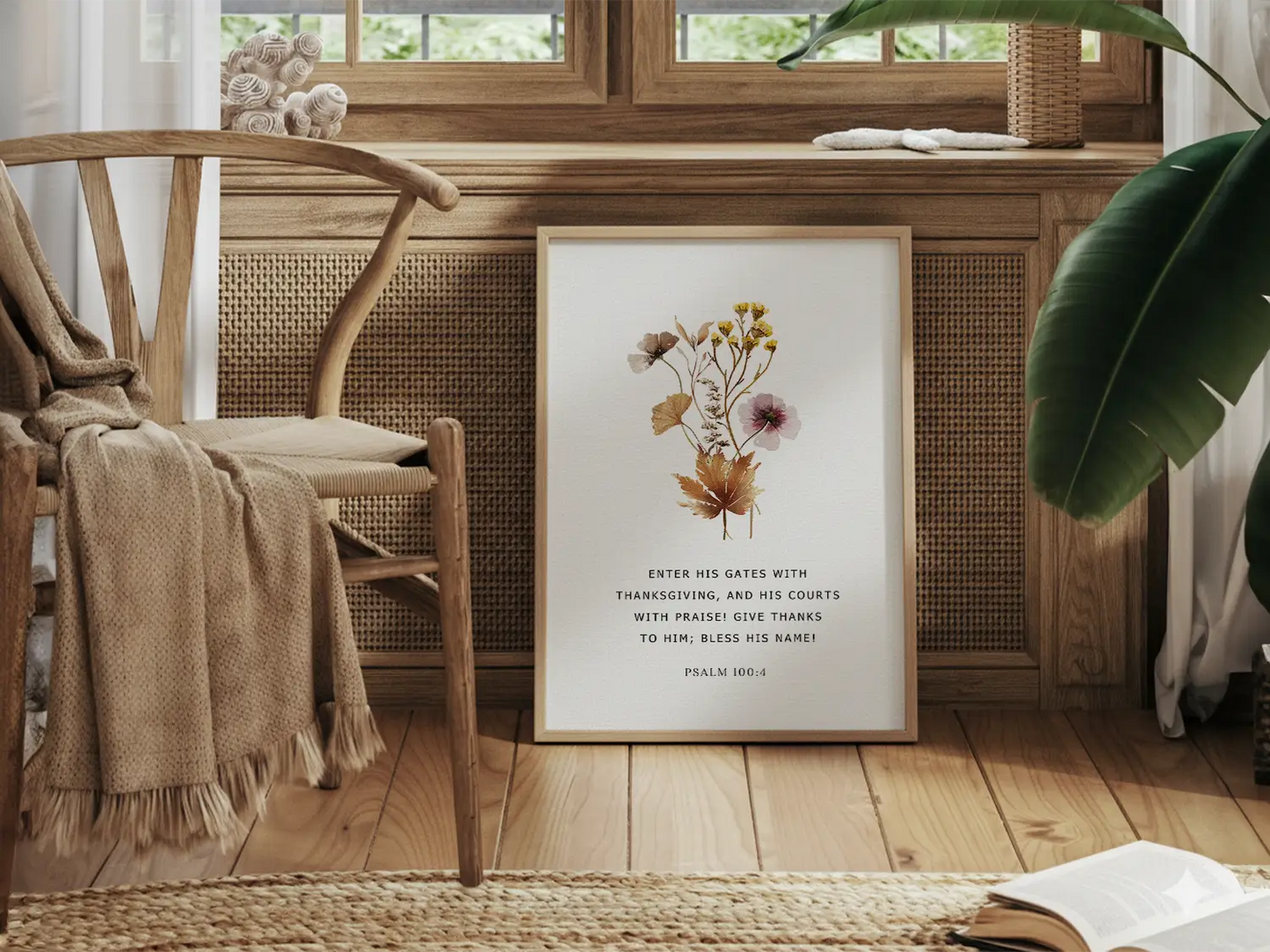 Cultivate a spirit of joyful gratitude with this inspiring Christian canvas wall art. This framed canvas print features a delicate, pressed floral design paired with the iconic command from Psalm 100:4 to enter God's presence with thanksgiving.