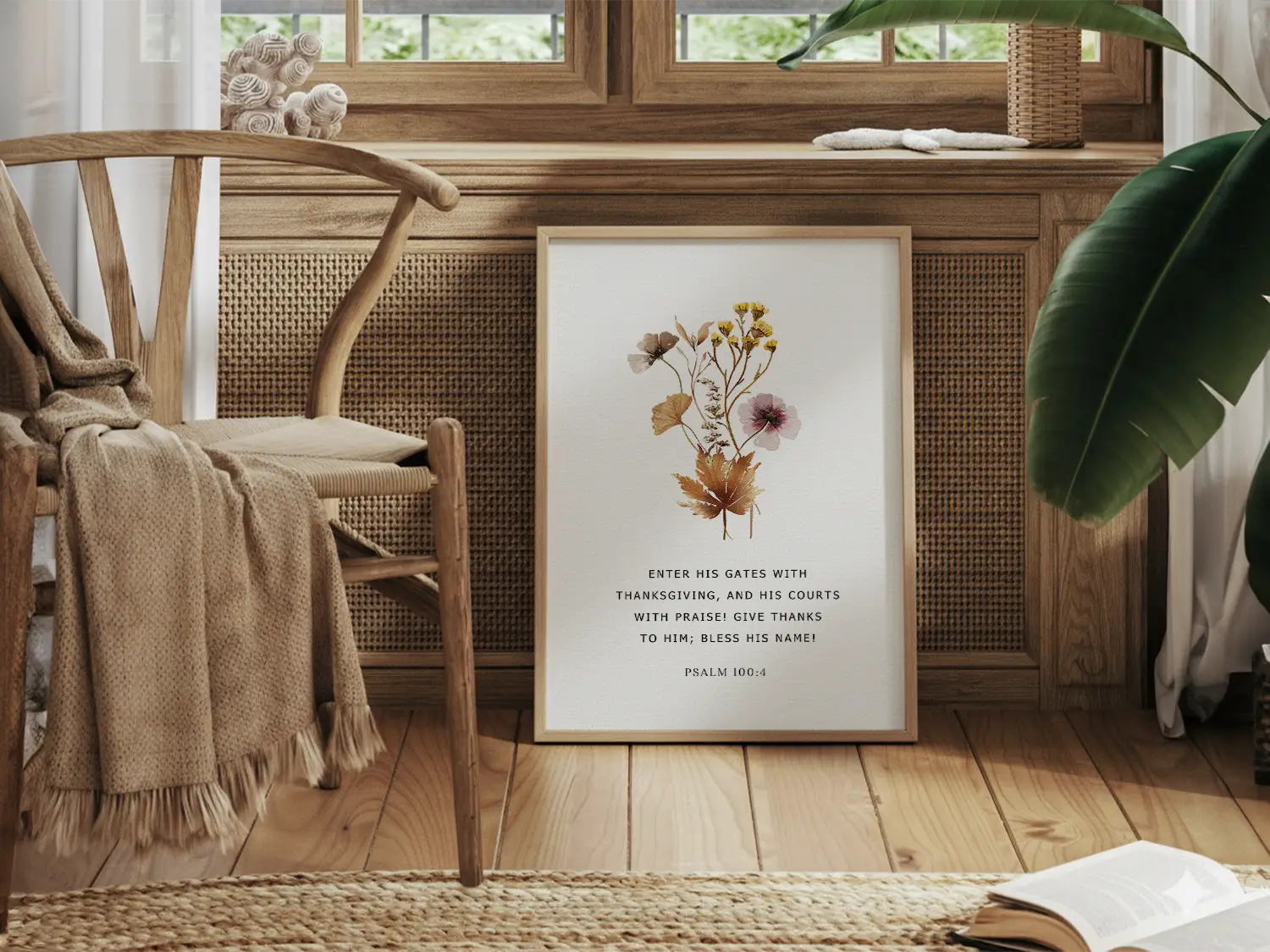 Cultivate a spirit of joyful gratitude with this inspiring Christian canvas wall art. This framed canvas print features a delicate, pressed floral design paired with the iconic command from Psalm 100:4 to enter God's presence with thanksgiving.