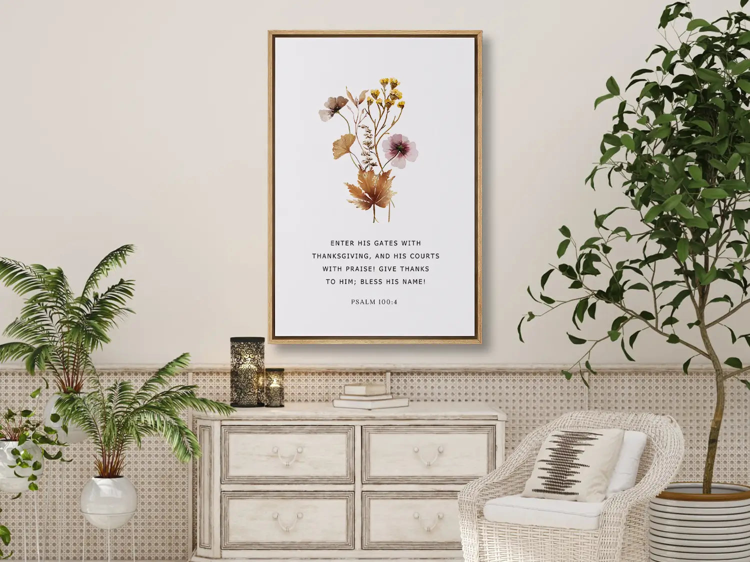 Cultivate a spirit of joyful gratitude with this inspiring Christian canvas wall art. This framed canvas print features a delicate, pressed floral design paired with the iconic command from Psalm 100:4 to enter God's presence with thanksgiving.