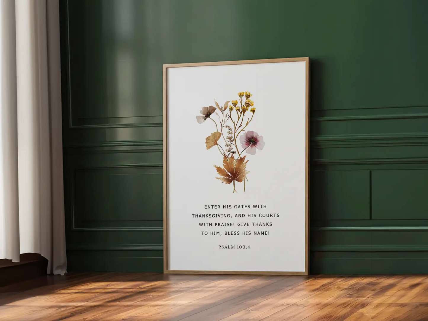 Cultivate a spirit of joyful gratitude with this inspiring Christian canvas wall art. This framed canvas print features a delicate, pressed floral design paired with the iconic command from Psalm 100:4 to enter God's presence with thanksgiving.