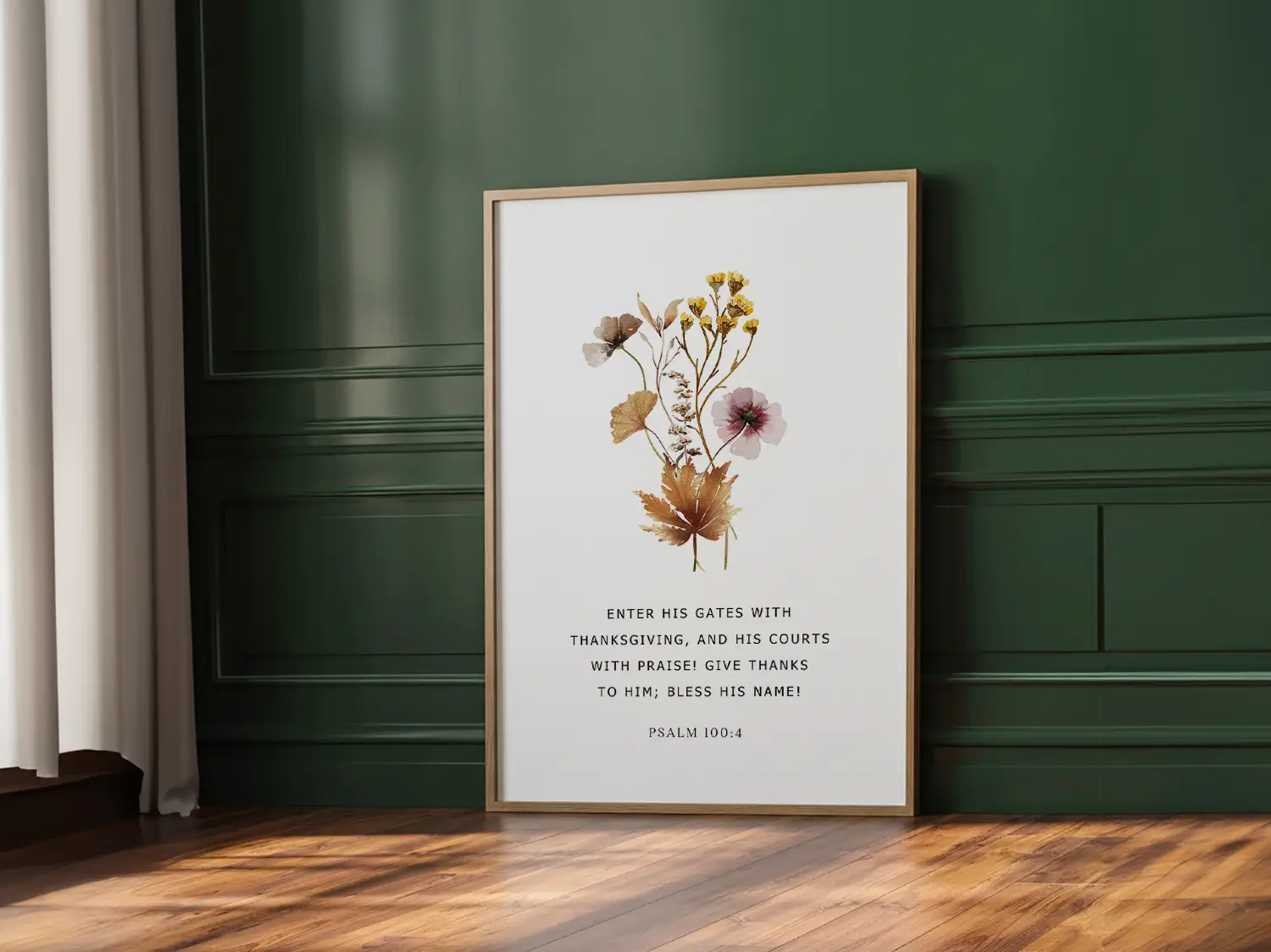Cultivate a spirit of joyful gratitude with this inspiring Christian canvas wall art. This framed canvas print features a delicate, pressed floral design paired with the iconic command from Psalm 100:4 to enter God's presence with thanksgiving.