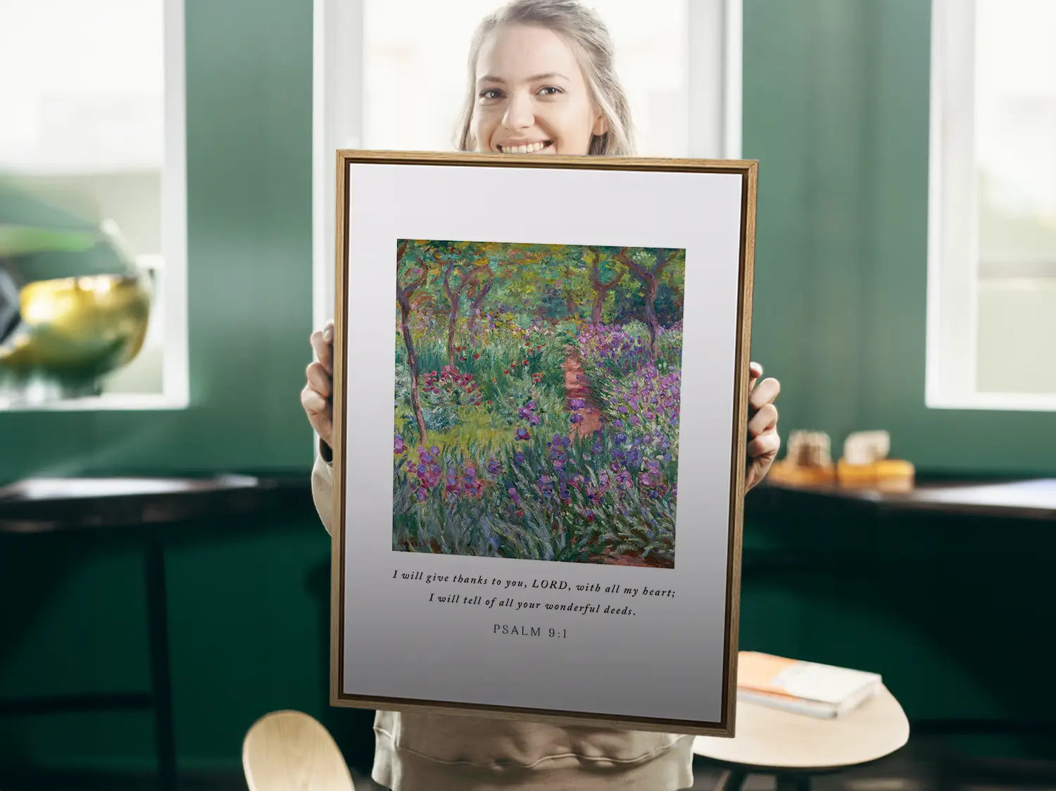 Cultivate a spirit of gratitude with this inspiring Christian canvas wall art. This framed canvas print features a vibrant, beautiful garden painting paired with the heartfelt words of praise from Psalm 9:1.