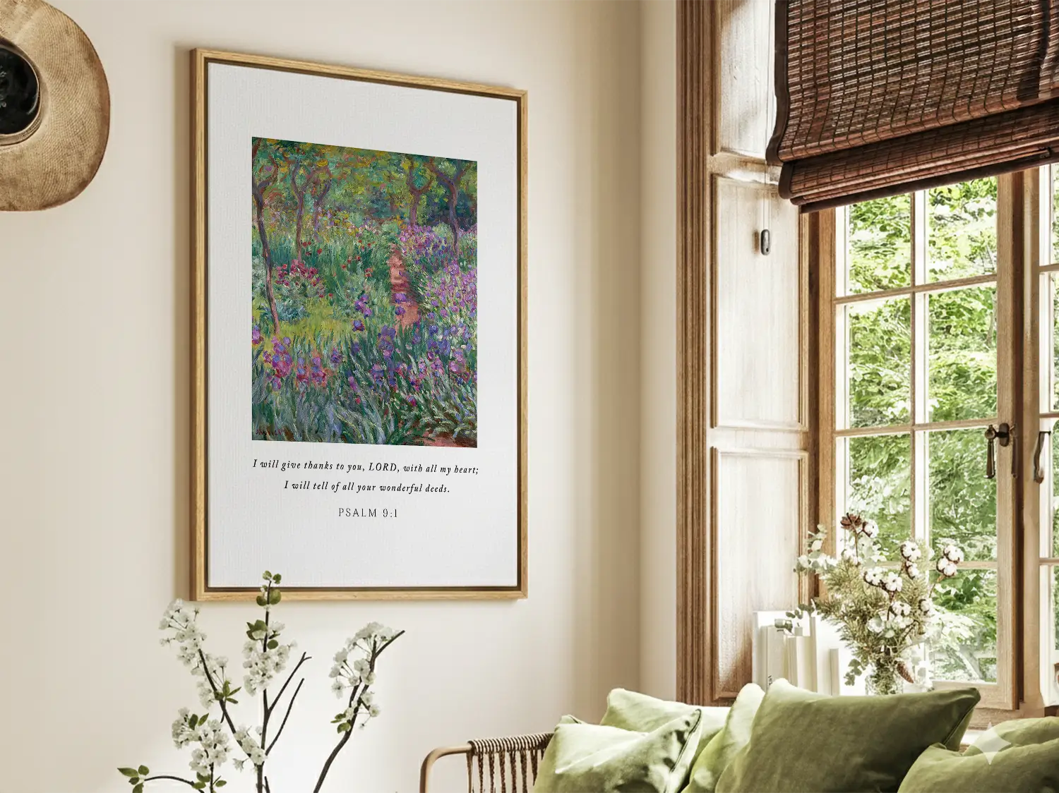 Cultivate a spirit of gratitude with this inspiring Christian canvas wall art. This framed canvas print features a vibrant, beautiful garden painting paired with the heartfelt words of praise from Psalm 9:1.