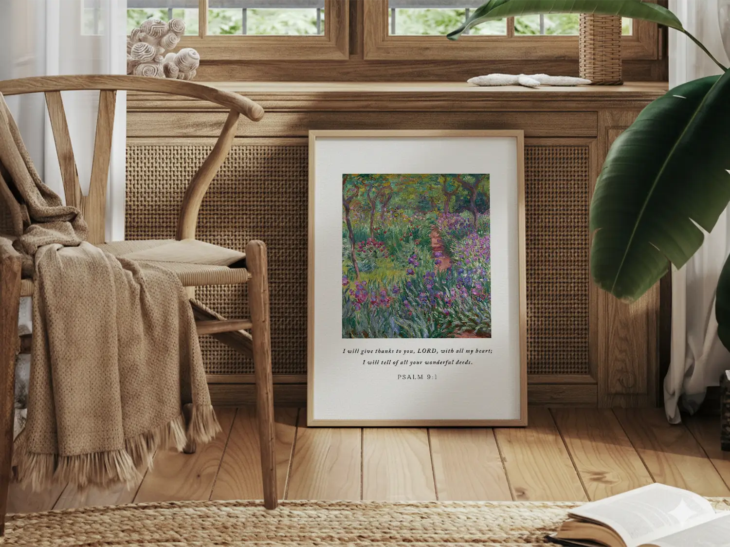 Cultivate a spirit of gratitude with this inspiring Christian canvas wall art. This framed canvas print features a vibrant, beautiful garden painting paired with the heartfelt words of praise from Psalm 9:1.
