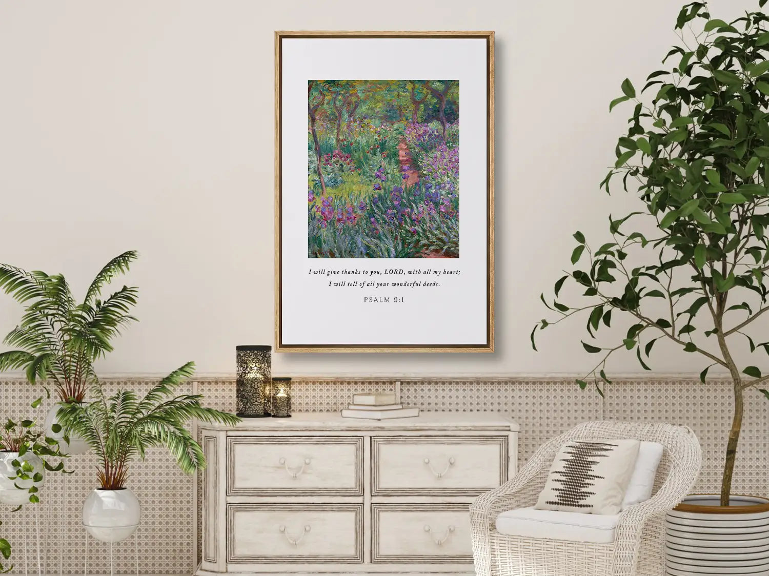 Cultivate a spirit of gratitude with this inspiring Christian canvas wall art. This framed canvas print features a vibrant, beautiful garden painting paired with the heartfelt words of praise from Psalm 9:1.