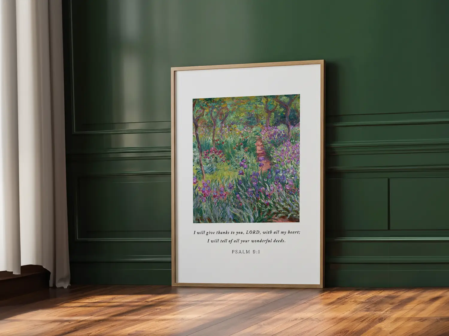 Cultivate a spirit of gratitude with this inspiring Christian canvas wall art. This framed canvas print features a vibrant, beautiful garden painting paired with the heartfelt words of praise from Psalm 9:1.