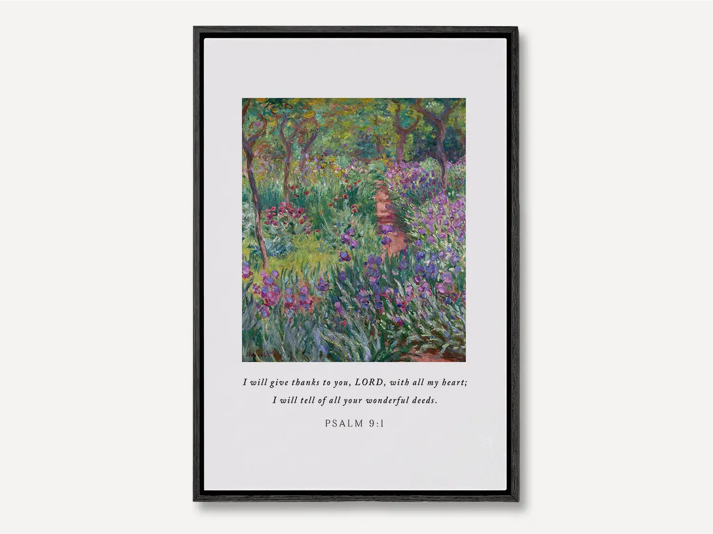 Cultivate a spirit of gratitude with this inspiring Christian canvas wall art. This framed canvas print features a vibrant, beautiful garden painting paired with the heartfelt words of praise from Psalm 9:1.