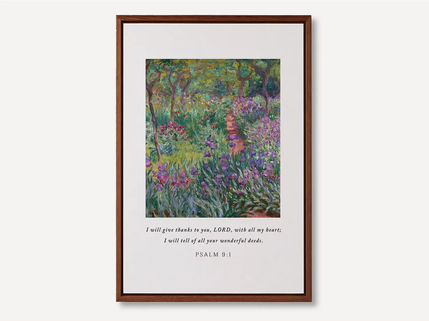 Cultivate a spirit of gratitude with this inspiring Christian canvas wall art. This framed canvas print features a vibrant, beautiful garden painting paired with the heartfelt words of praise from Psalm 9:1.