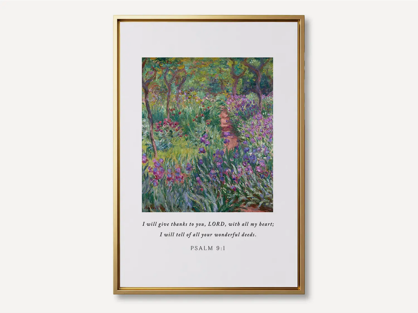 Cultivate a spirit of gratitude with this inspiring Christian canvas wall art. This framed canvas print features a vibrant, beautiful garden painting paired with the heartfelt words of praise from Psalm 9:1.
