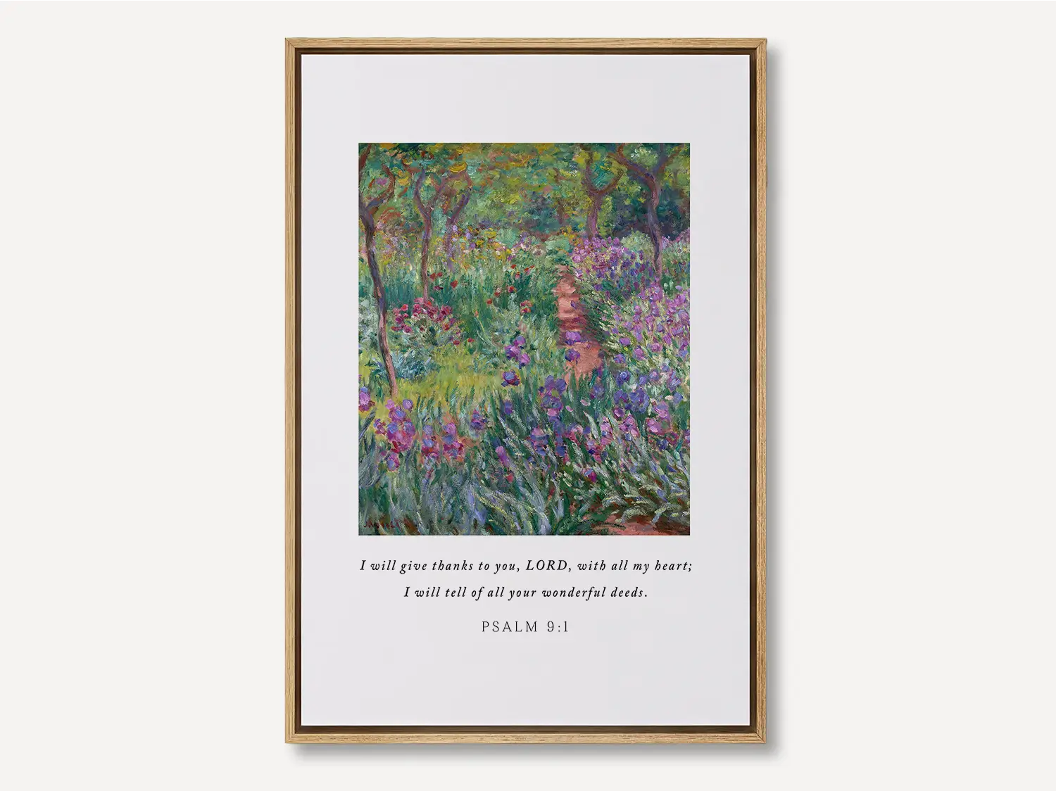 Cultivate a spirit of gratitude with this inspiring Christian canvas wall art. This framed canvas print features a vibrant, beautiful garden painting paired with the heartfelt words of praise from Psalm 9:1.