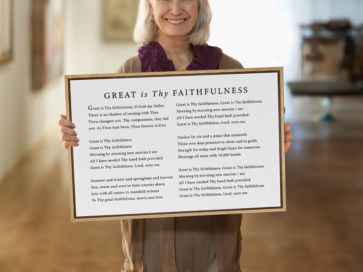 Fill your home with the spirit of worship with this inspiring Christian canvas wall art. This framed canvas print features the beautiful, powerful lyrics of the classic hymn "Great Is Thy Faithfulness," offering a daily reminder of God's steadfast love.