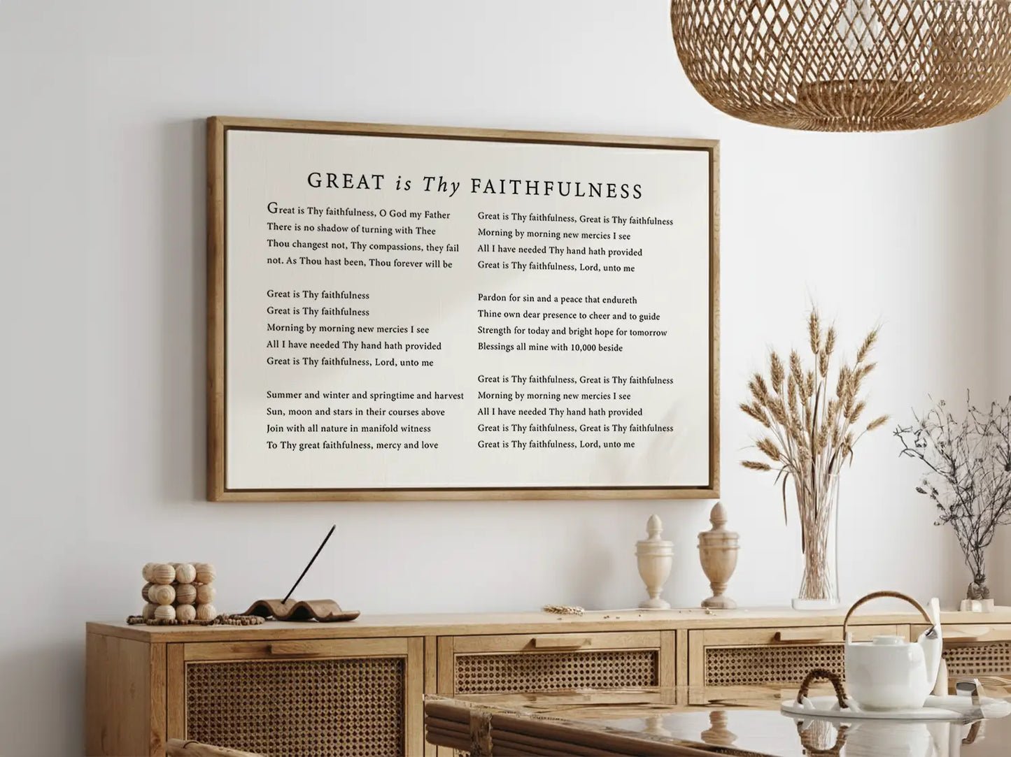Fill your home with the spirit of worship with this inspiring Christian canvas wall art. This framed canvas print features the beautiful, powerful lyrics of the classic hymn "Great Is Thy Faithfulness," offering a daily reminder of God's steadfast love.