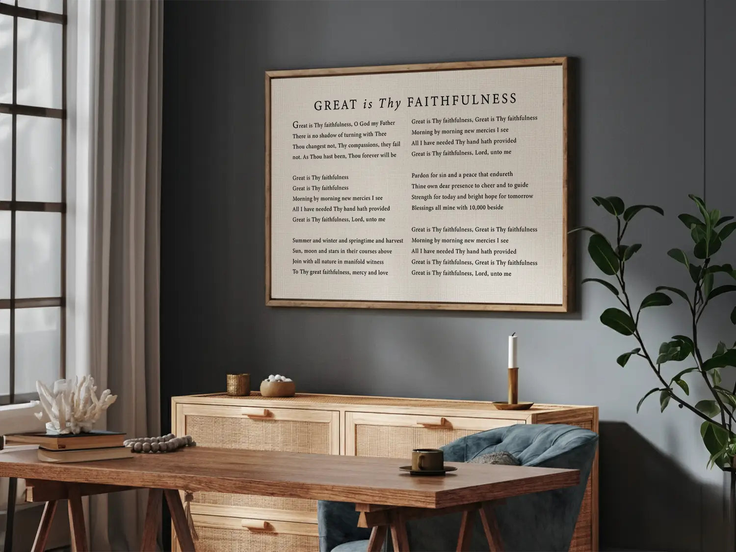 Fill your home with the spirit of worship with this inspiring Christian canvas wall art. This framed canvas print features the beautiful, powerful lyrics of the classic hymn "Great Is Thy Faithfulness," offering a daily reminder of God's steadfast love.