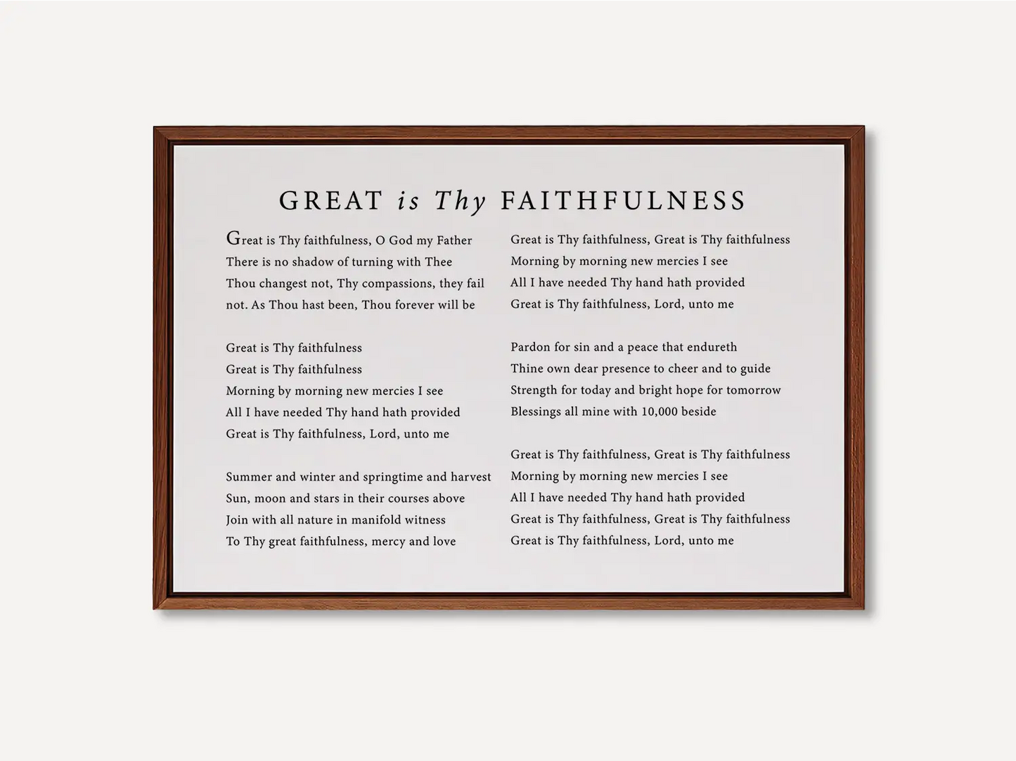 Fill your home with the spirit of worship with this inspiring Christian canvas wall art. This framed canvas print features the beautiful, powerful lyrics of the classic hymn "Great Is Thy Faithfulness," offering a daily reminder of God's steadfast love.