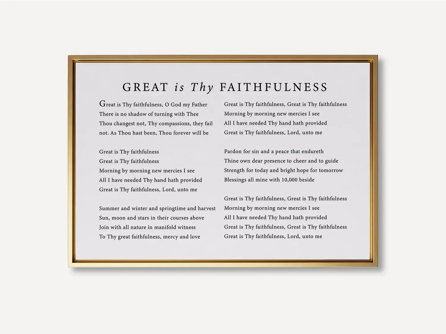 Fill your home with the spirit of worship with this inspiring Christian canvas wall art. This framed canvas print features the beautiful, powerful lyrics of the classic hymn "Great Is Thy Faithfulness," offering a daily reminder of God's steadfast love.