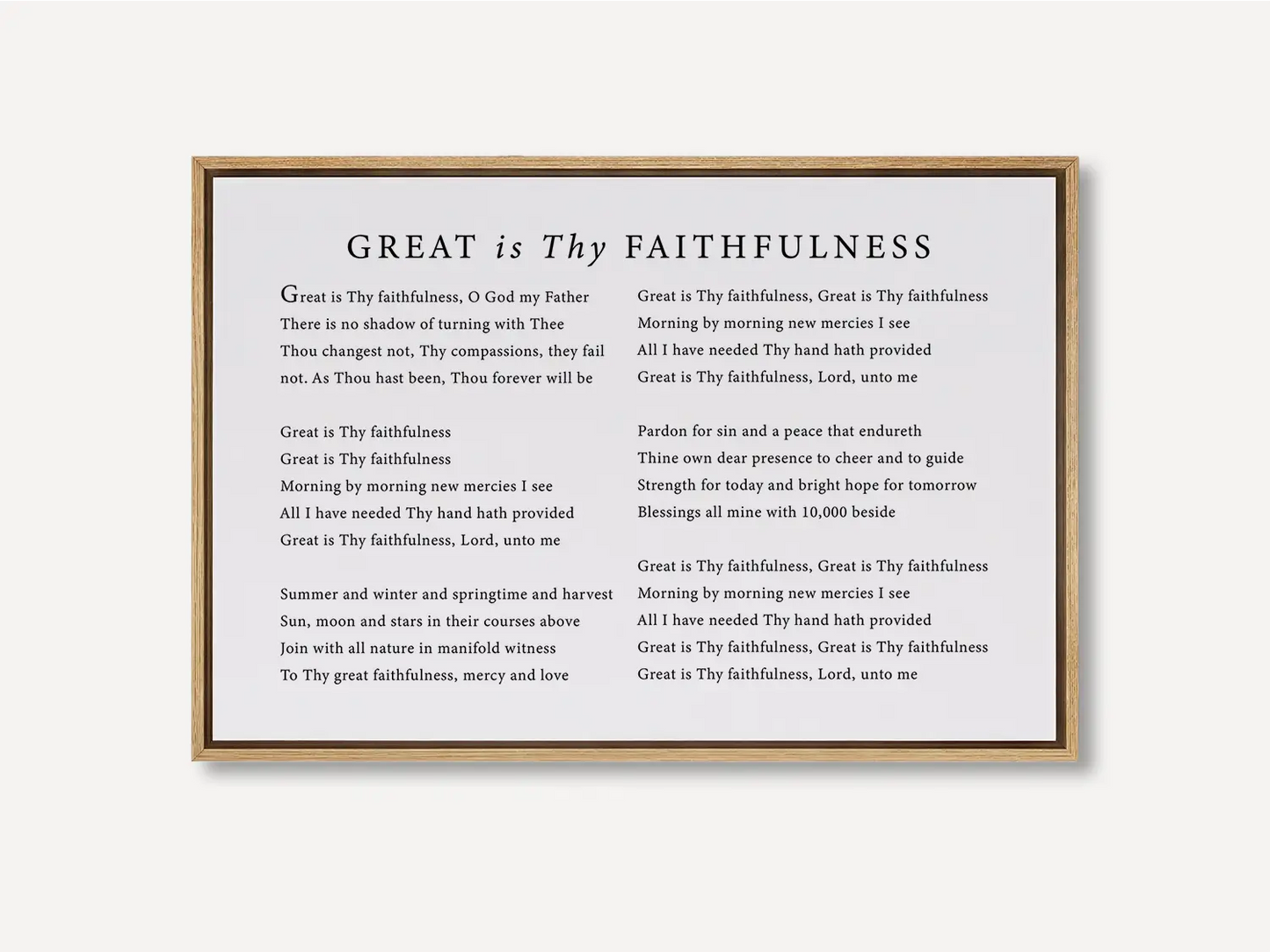 Fill your home with the spirit of worship with this inspiring Christian canvas wall art. This framed canvas print features the beautiful, powerful lyrics of the classic hymn "Great Is Thy Faithfulness," offering a daily reminder of God's steadfast love.