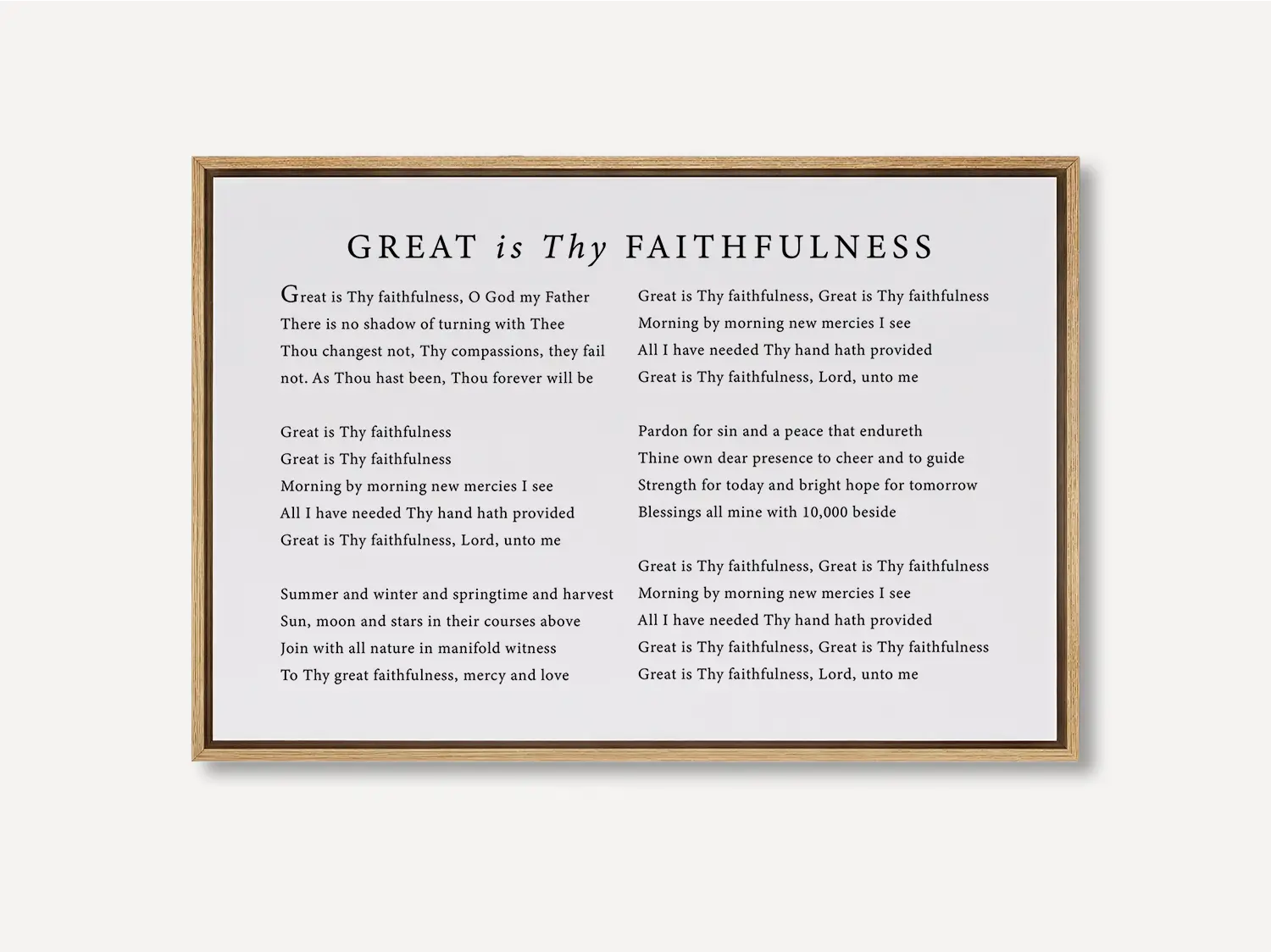 Fill your home with the spirit of worship with this inspiring Christian canvas wall art. This framed canvas print features the beautiful, powerful lyrics of the classic hymn "Great Is Thy Faithfulness," offering a daily reminder of God's steadfast love.