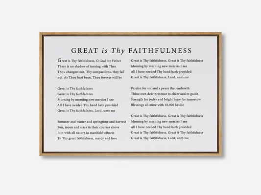 Fill your home with the spirit of worship with this inspiring Christian canvas wall art. This framed canvas print features the beautiful, powerful lyrics of the classic hymn "Great Is Thy Faithfulness," offering a daily reminder of God's steadfast love.