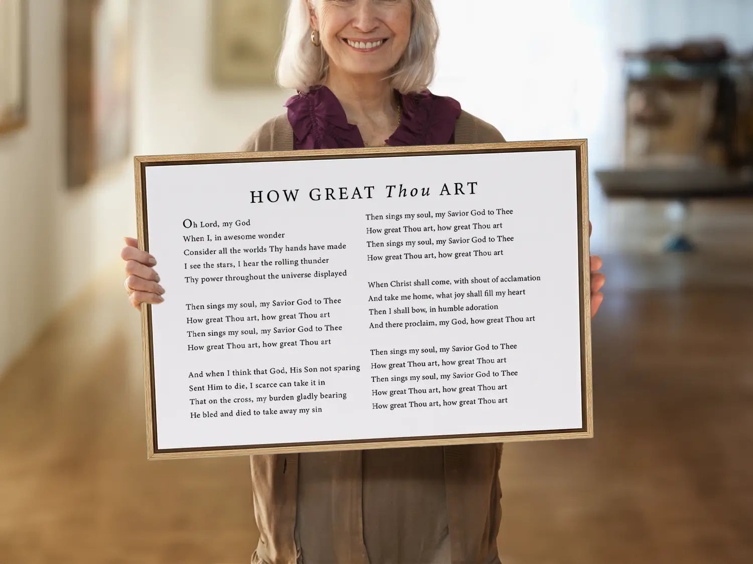 Declare the majesty of God with this inspiring Christian canvas wall art. This framed canvas print features the soul-stirring lyrics of the classic hymn "How Great Thou Art," creating a powerful focal point for worship in your home.