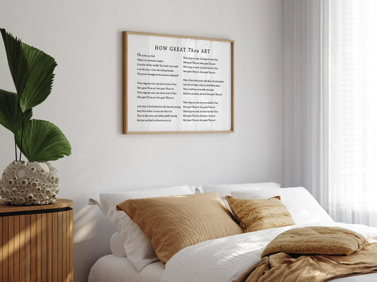 Declare the majesty of God with this inspiring Christian canvas wall art. This framed canvas print features the soul-stirring lyrics of the classic hymn "How Great Thou Art," creating a powerful focal point for worship in your home.
