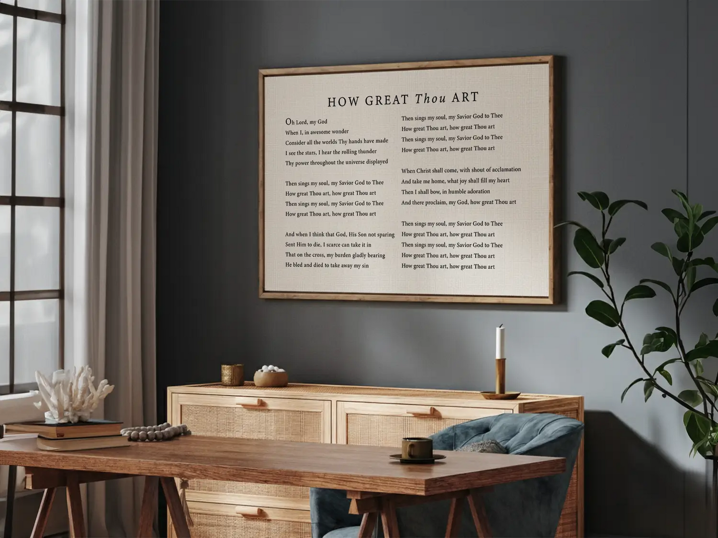 Declare the majesty of God with this inspiring Christian canvas wall art. This framed canvas print features the soul-stirring lyrics of the classic hymn "How Great Thou Art," creating a powerful focal point for worship in your home.