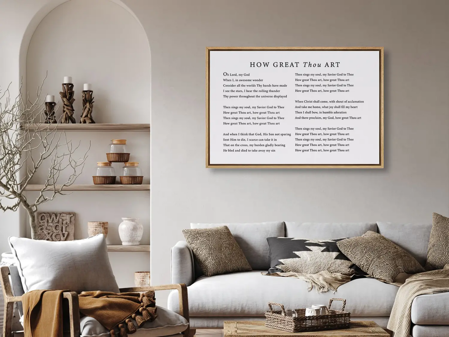 Declare the majesty of God with this inspiring Christian canvas wall art. This framed canvas print features the soul-stirring lyrics of the classic hymn "How Great Thou Art," creating a powerful focal point for worship in your home.