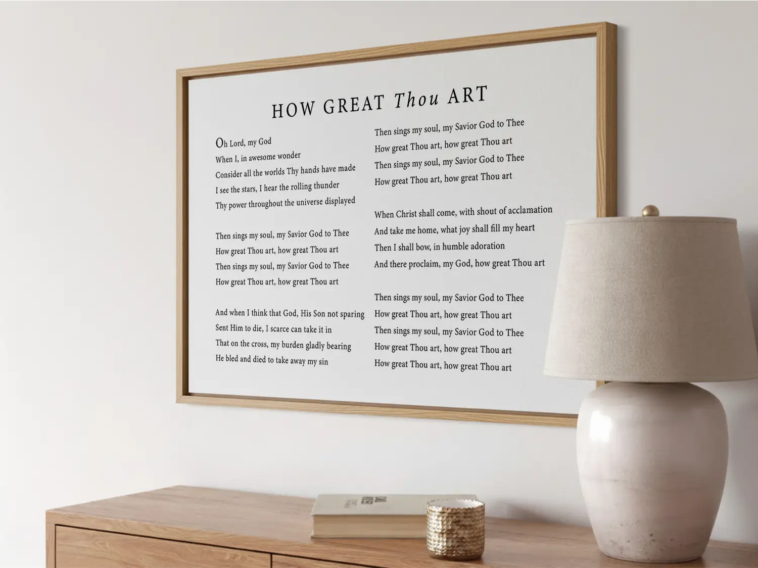 Declare the majesty of God with this inspiring Christian canvas wall art. This framed canvas print features the soul-stirring lyrics of the classic hymn "How Great Thou Art," creating a powerful focal point for worship in your home.