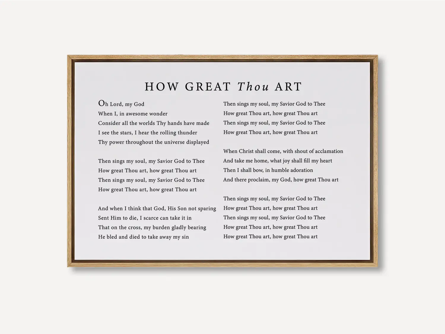 Declare the majesty of God with this inspiring Christian canvas wall art. This framed canvas print features the soul-stirring lyrics of the classic hymn "How Great Thou Art," creating a powerful focal point for worship in your home.