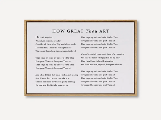 Declare the majesty of God with this inspiring Christian canvas wall art. This framed canvas print features the soul-stirring lyrics of the classic hymn "How Great Thou Art," creating a powerful focal point for worship in your home.