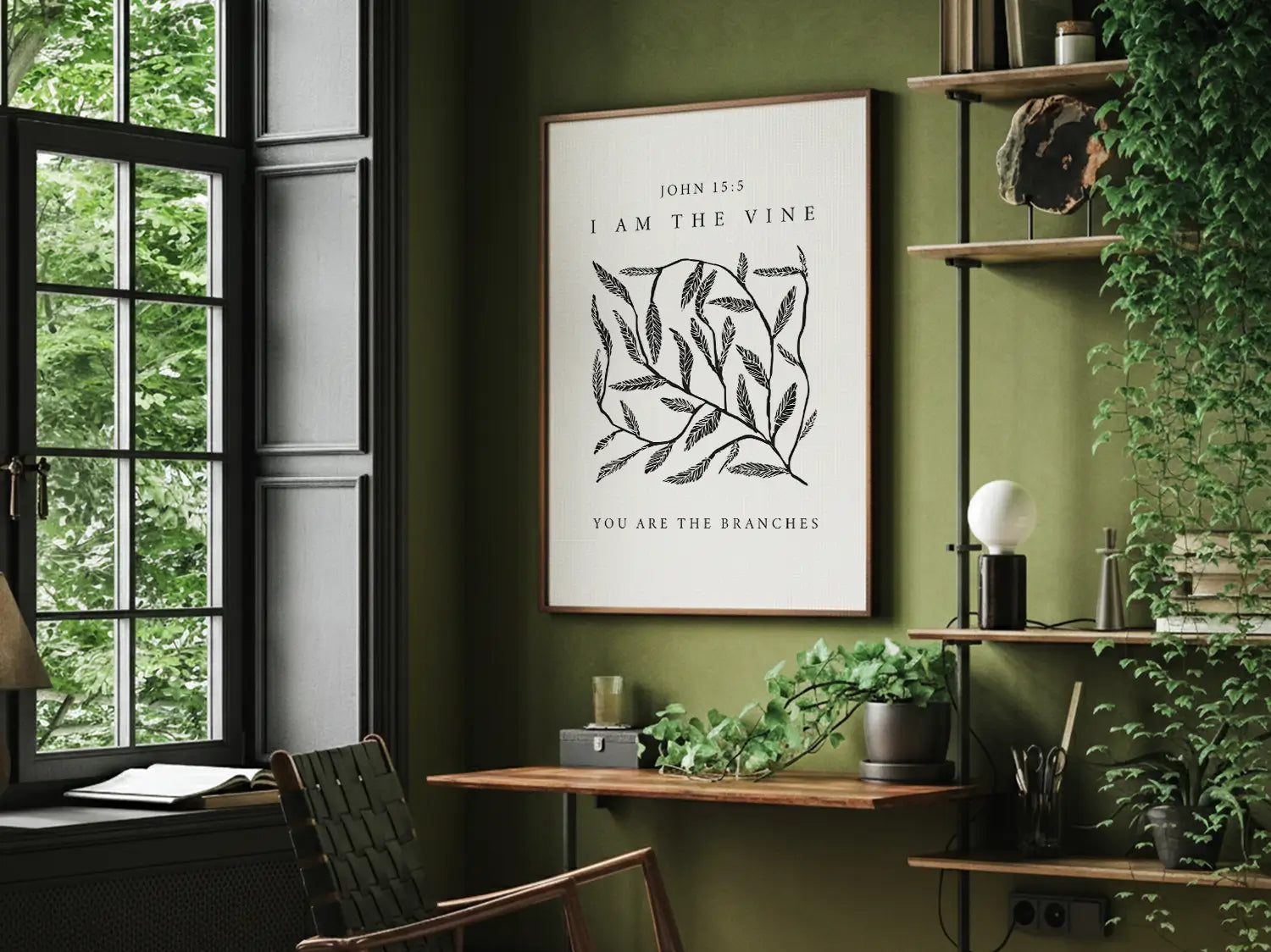 Anchor your home in the source of life and fruitfulness with this inspiring Christian canvas wall art. This framed canvas print features a modern, hand-drawn vine illustration and the essential truth from John 15:5: "I am the vine; you are the branches."