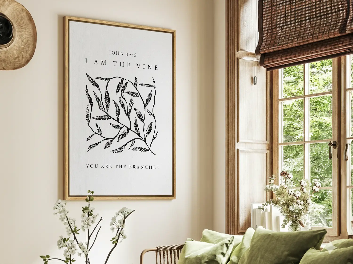 Anchor your home in the source of life and fruitfulness with this inspiring Christian canvas wall art. This framed canvas print features a modern, hand-drawn vine illustration and the essential truth from John 15:5: "I am the vine; you are the branches."