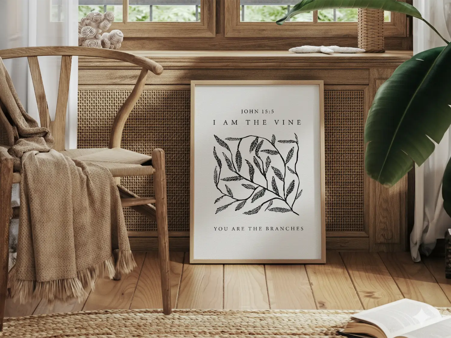 Anchor your home in the source of life and fruitfulness with this inspiring Christian canvas wall art. This framed canvas print features a modern, hand-drawn vine illustration and the essential truth from John 15:5: "I am the vine; you are the branches."