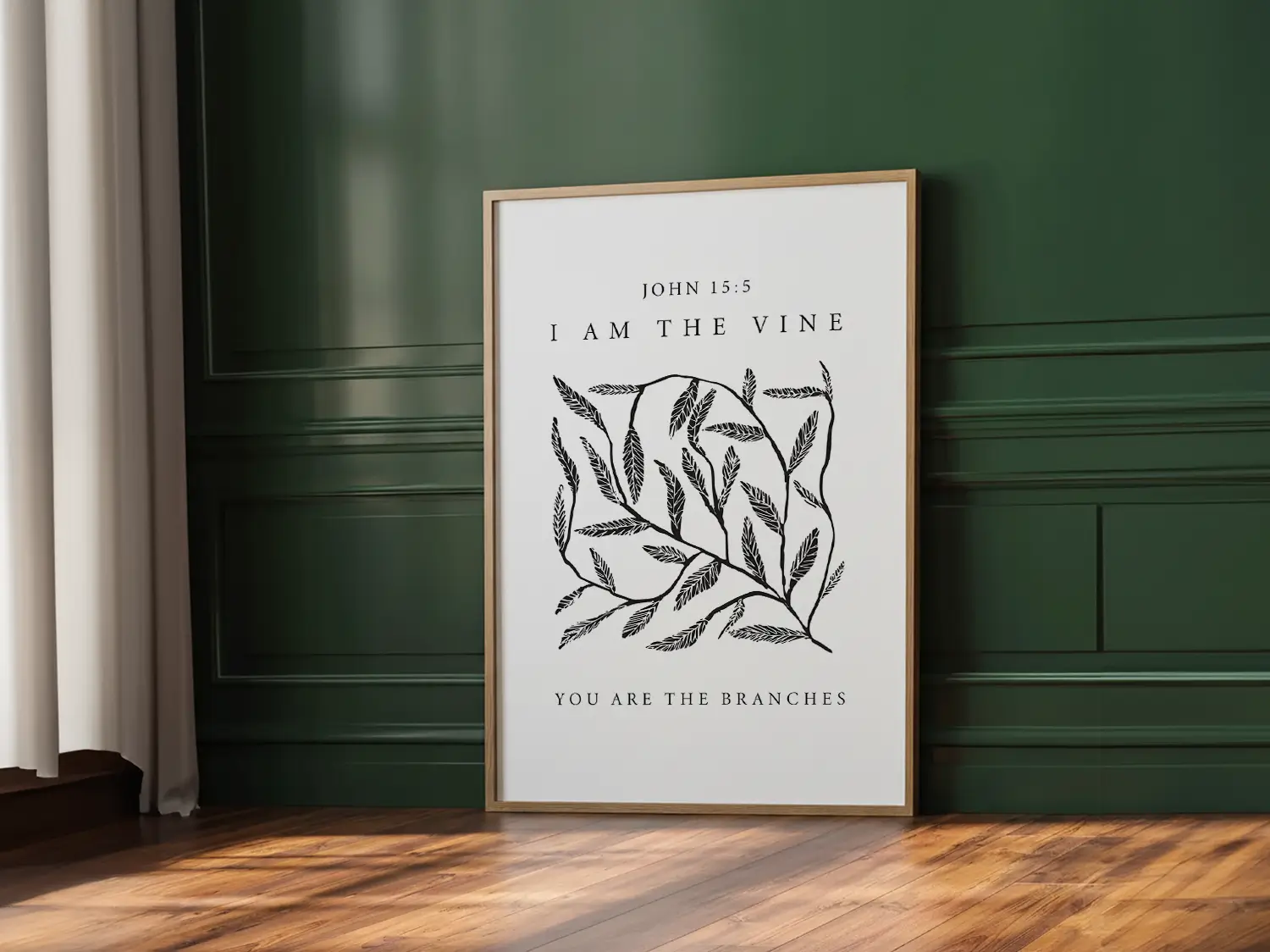 Anchor your home in the source of life and fruitfulness with this inspiring Christian canvas wall art. This framed canvas print features a modern, hand-drawn vine illustration and the essential truth from John 15:5: "I am the vine; you are the branches."