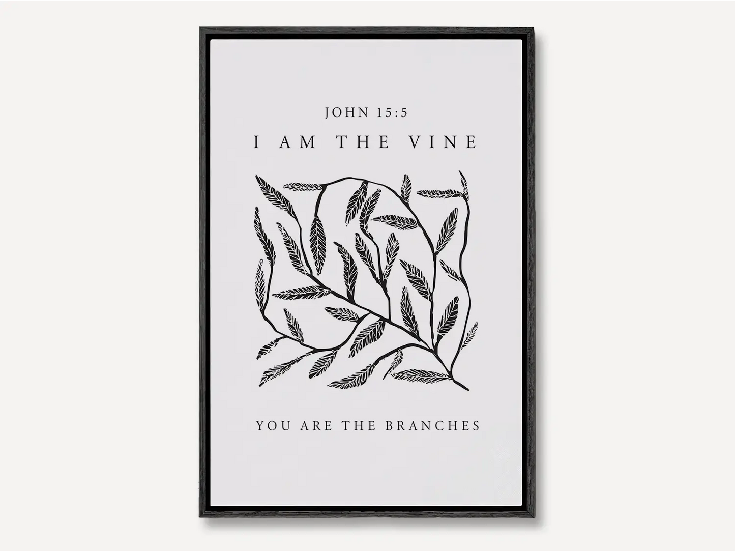 Anchor your home in the source of life and fruitfulness with this inspiring Christian canvas wall art. This framed canvas print features a modern, hand-drawn vine illustration and the essential truth from John 15:5: "I am the vine; you are the branches."